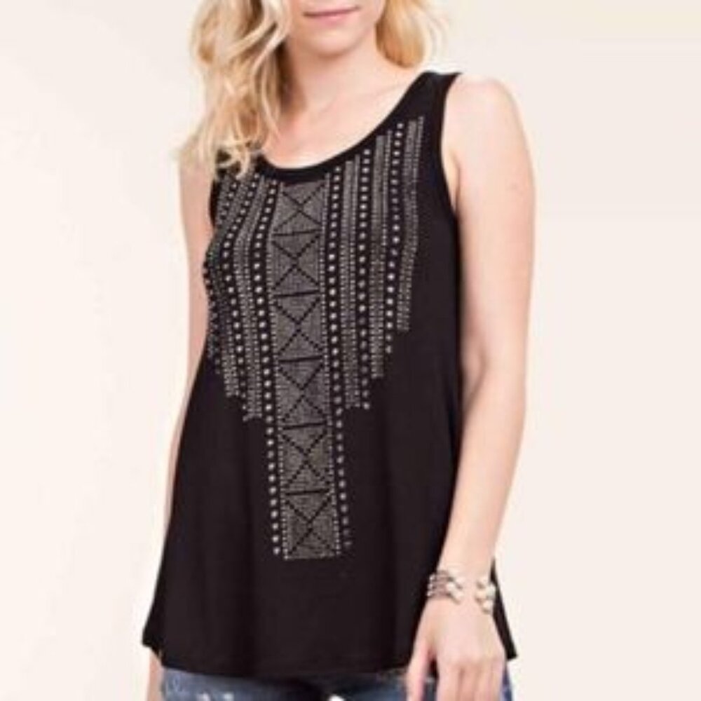 Vocal Black Tank Top w/ Stud Embellished Front